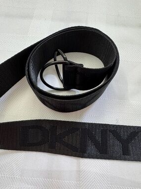 DKNY Black Webbing Belt with D-Ring Buckle. 46” Adjustable
